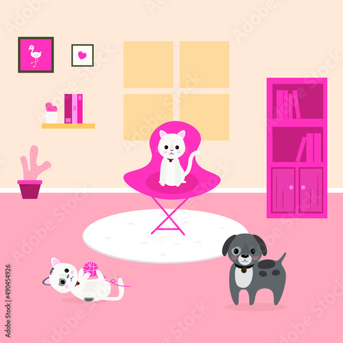cat and dog in pet cafe , cartoon cat, vector.