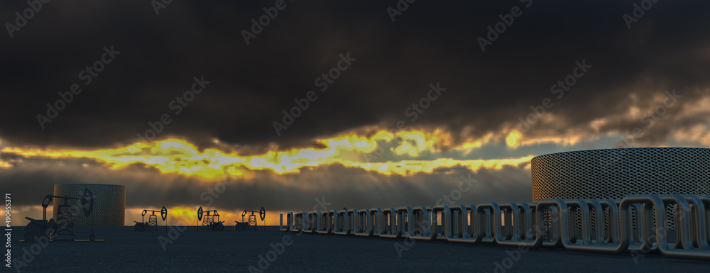 The silhouette of oil pumps in a large oil field at sunrise. Steel long pipes in crude oil factory. 3d rendering