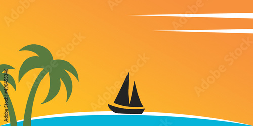 Vector background sunset beach. summer vacation backdrop for design. Tropical sunset scene for travelling design.