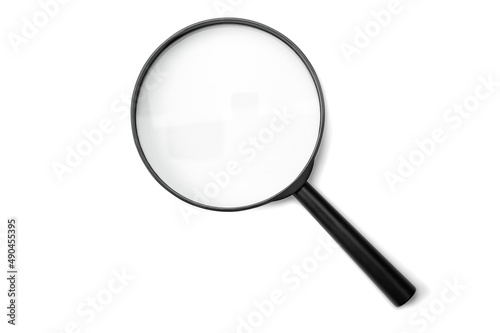Magnifying glass black color isolated on white. Research, searching or investigating something. top view