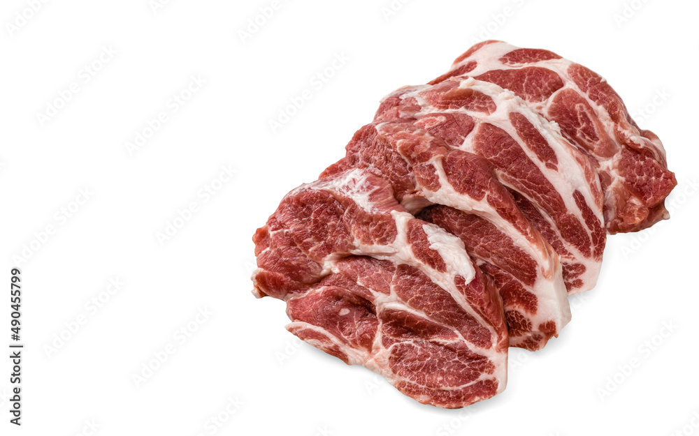 Sliced raw pork meat. Fresh and raw meat. Raw pork chop steaks ready for grill. Preparing raw meat. Fresh raw pork on white background