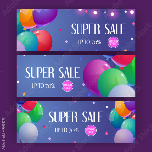 Super sale posters with special offer, price reduction. Vector horizontal banners with discount and promocode. Flyers with cartoon illustration of colorful balloons and stars