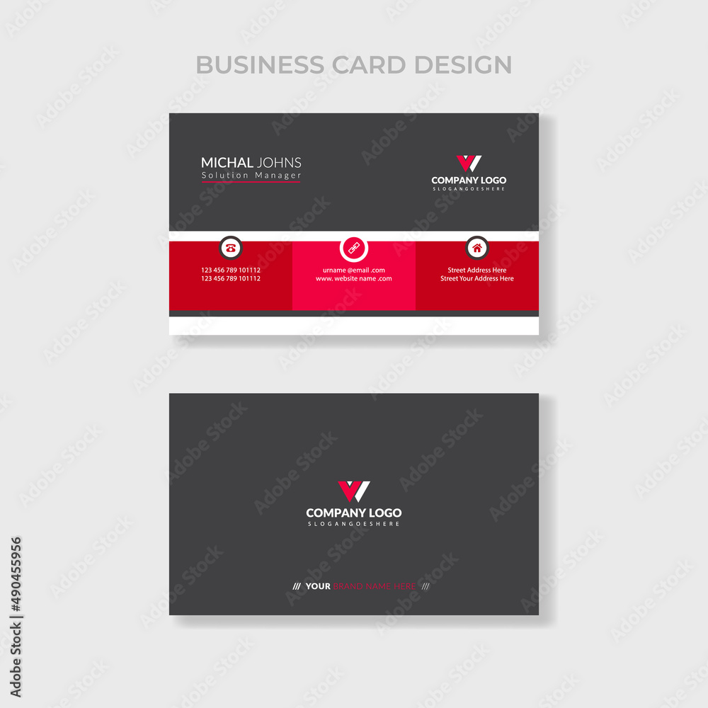 Creative and Clean Double-sided Business Card Template. Red and Black Colors. Flat Design Vector Illustration