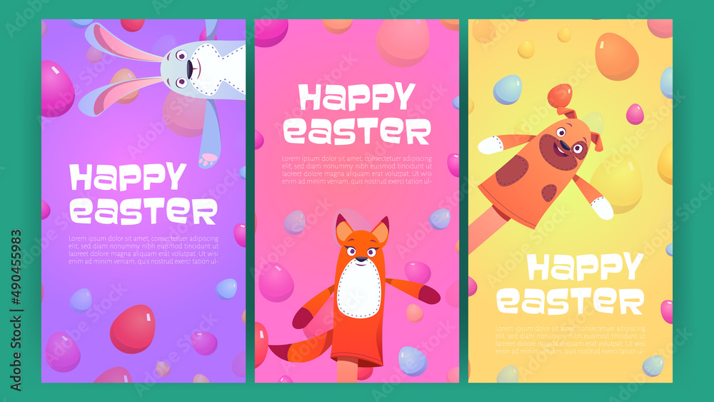 Happy Easter banners with eggs and cute puppets. Vector vertical posters of spring holiday celebration with cartoon illustration of funny bunny, dog and fox toys on hands and colorful eggs Happy Easter banners with eggs and cute puppets. Vector vertical posters of spring holiday celebration with cartoon illustration of funny bunny, dog and fox toys on hands and colorful eggs