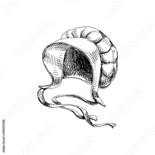 Old-fashioned bonnet, hand drawn black and white vector illustration.