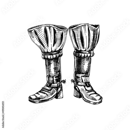 Old over the knee boots with spur, hand drawn black and white vector illustration.