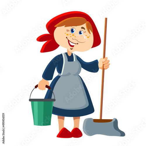 Cleaner in work clothes with a bucket and a mop. Cartoon vector illustration