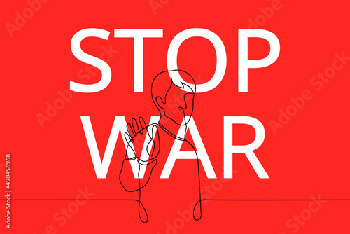 stop the war banner - one line drawing vector. The man put his hand out in front of him. concept of anti war horizontal poster, illustration for peace