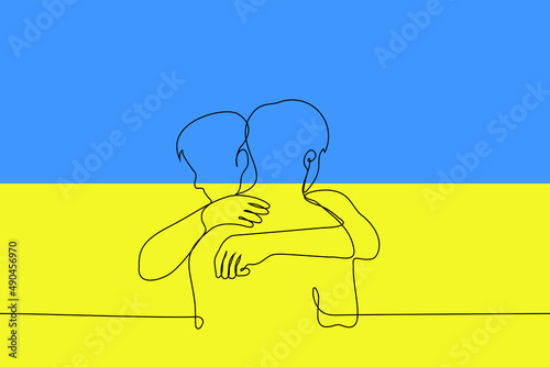 two men are hugging. ukrainian war veteran or refugee returning home - one line drawing vector. concept of ending war in Ukraine, return of Ukrainian people, independence day of Ukraine