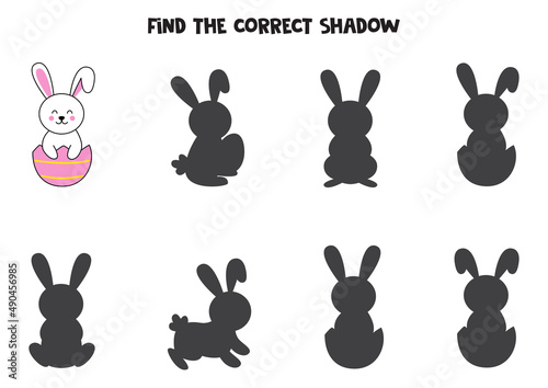 Find the correct shadows of cute Easter bunny. Logical puzzle for kids.