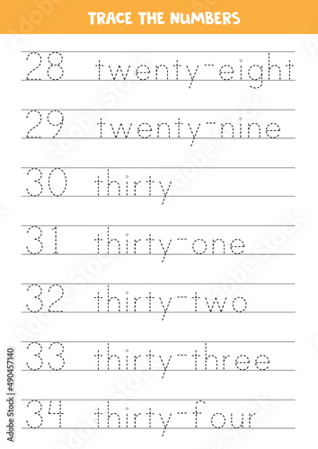 Tracing numbers from 28 to 34. Writing practice for kids.