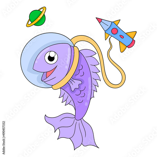 astronaut fish flying in space, doodle icon image kawaii