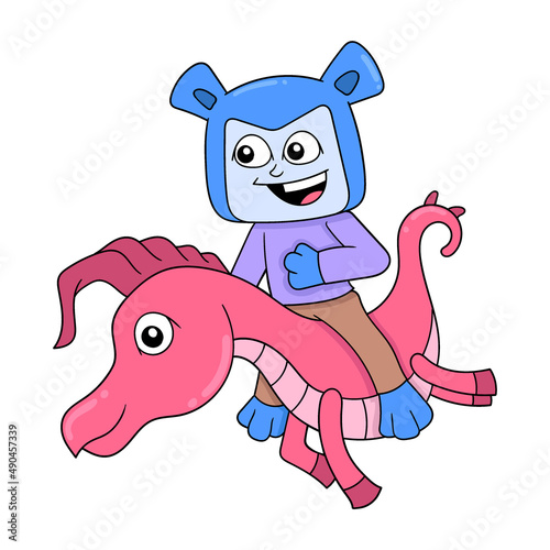 bear riding a seahorse, doodle icon image kawaii