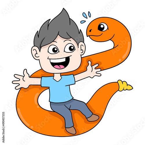 happy faced kid playing with pet python, doodle icon image kawaii