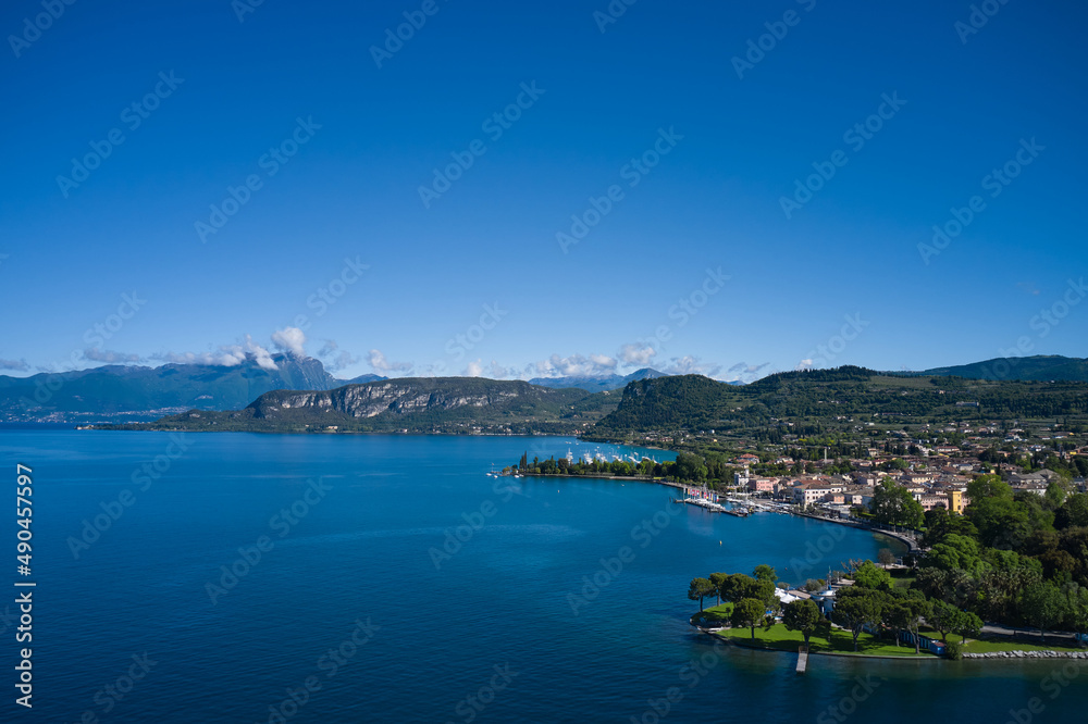 Aerial view of Bardolino, Lake Garda, Italy. Panorama of the historic town of Bardolino. Bardolino on the coastline of Lake Garda.