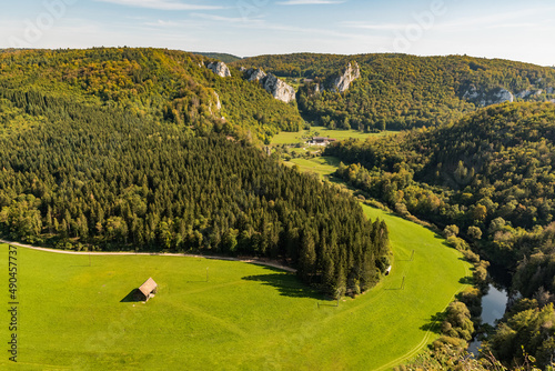 Ausblick vom Knopfmacherfelsen ins Donautal und zum Schloss Bronnen, Naturpark Obere Donau, Fridingen an der Donau, Schwäbische Alb, Baden-Württemberg, Deutschland  photo