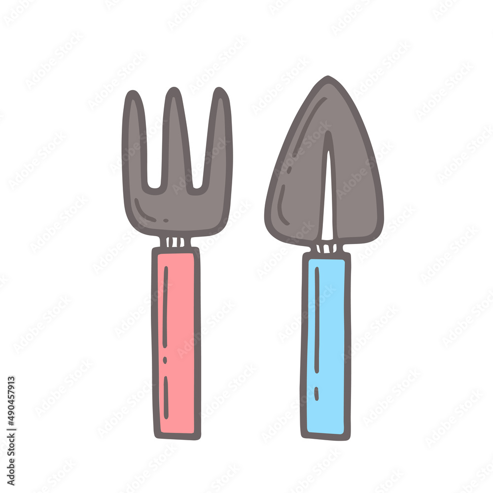 Garden supplies, rake and shovel in doodle style. Vector isolated illustration. Garden supplies, rake and shovel in doodle style. Vector isolated illustration.
