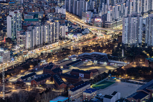 city skyline at sunset of seoul