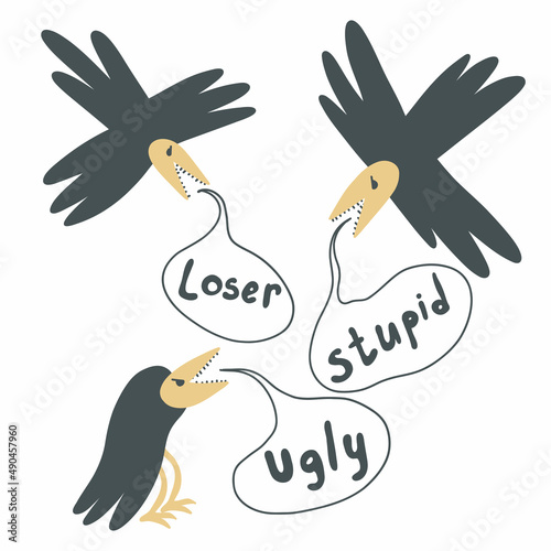 Bullying, public humiliation, insult. Speech bubble curse words. Vulture and raven. Bullying at school and in the community. Vector concept illustration isolated on white background.