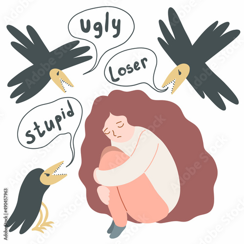 Bullying, threats, insults of young person. Internet Bullying in team. Sad lonely crying girl is sitting, hugging her knees. Mental disorder, complexes, shyness. Vector cartoon illustration.