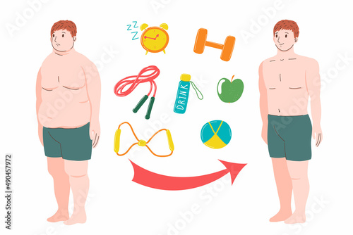 Weight loss. Obesity and fat person. Before and after man. Transformation. Overweight, sports, fitness, healthy sleep, healthy eating. Vector cartoon illustration on white background.