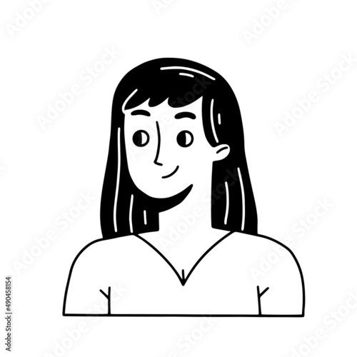 Portrait of a smiling girl in doodle style. Vector isolated illustration.