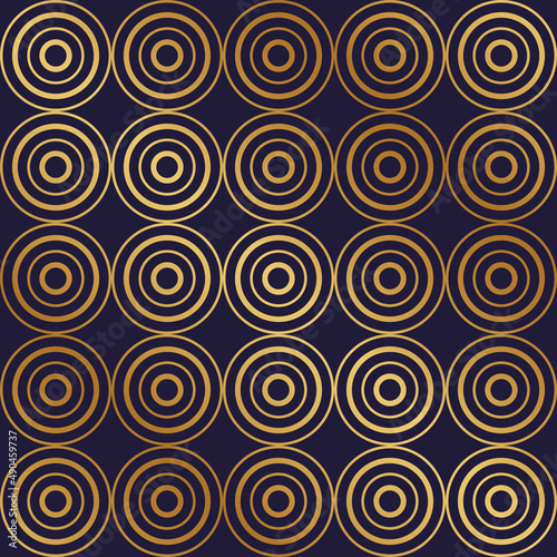 Seamless pattern with gold circles lines on dark blue background vector.
