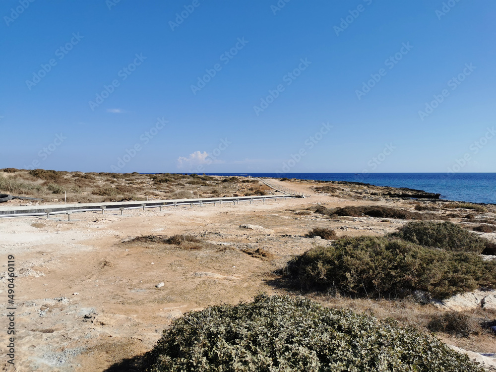 The rocky shore of the Mediterranean with dry, dusty plants, against the background of a blue cloudless sky.