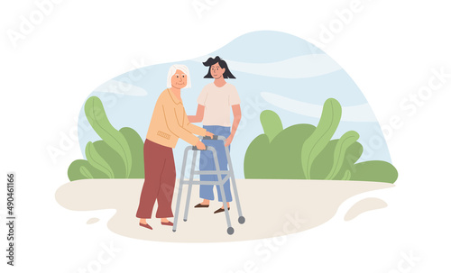 A caregiver and old age woman with walker outdoors. Assisted living concept. Volunteer helping elderly lady. Scene of social worker walking with senior person in nature. Vector flat style illustration
