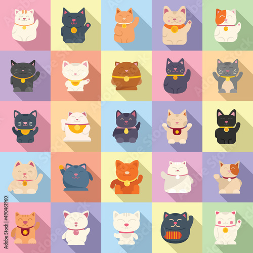 Lucky cat icons set flat vector. Asian animal