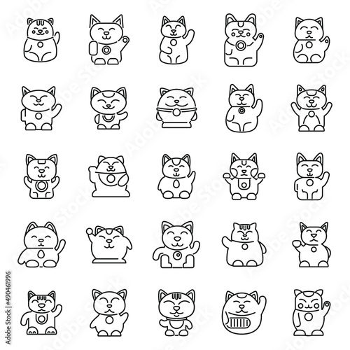 Lucky cat icons set outline vector. Asian animal photo