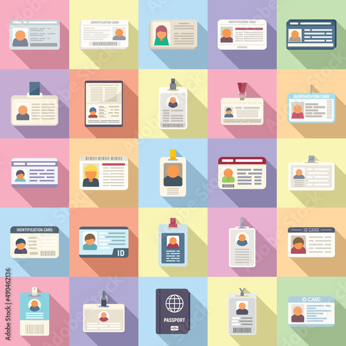 Id card icons set flat vector. Tag name