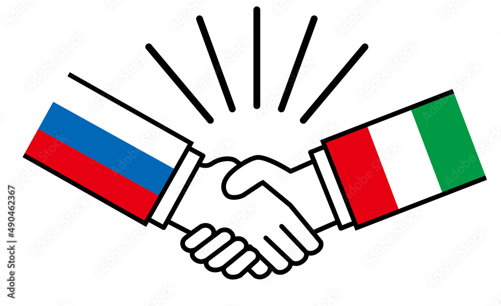 ロシアとイタリア 国旗がついた手が握手 国家間の戦争紛争 同盟 和解 合意のイメージイラスト Stock Vector Adobe Stock