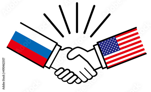 アメリカとロシア、国旗がついた手が握手　国家間の戦争紛争　同盟、和解、合意のイメージイラスト