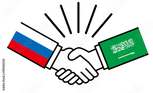 ロシアとサウジアラビア、国旗がついた手が握手　国家間の戦争紛争　同盟、和解、合意のイメージイラスト