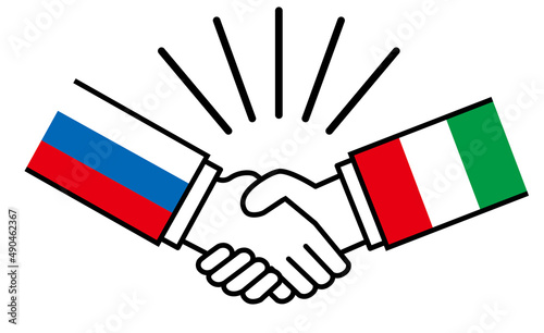 ロシアとイタリア、国旗がついた手が握手　国家間の戦争紛争　同盟、和解、合意のイメージイラスト