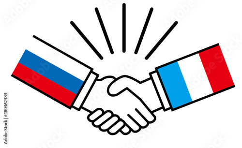 ロシアとフランス、国旗がついた手が握手　国家間の戦争紛争　同盟、和解、合意のイメージイラスト