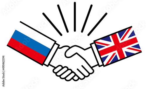 ロシア、イギリス、国旗がついた手が握手　国家間の戦争紛争　同盟、和解、合意のイメージイラスト