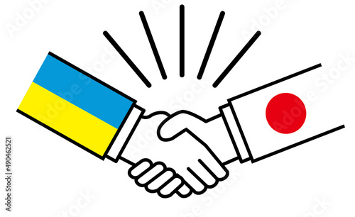 ウクライナと日本、国旗がついた手が握手　国家間の戦争紛争　同盟、和解、合意のイメージイラスト