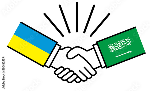 ウクライナとサウジアラビア、国旗がついた手が握手　国家間の戦争紛争　同盟、和解、合意のイメージイラスト