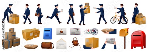 Postman icons set cartoon vector. Mailman carrier