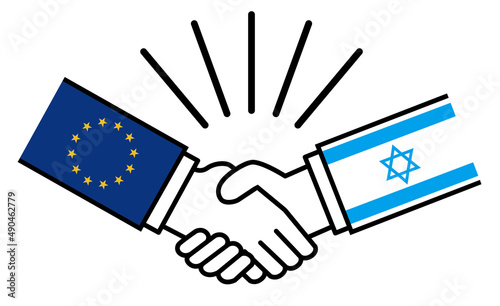 ユーロとイスラエル、国旗がついた手が握手　国家間の戦争紛争　同盟、和解、合意のイメージイラスト