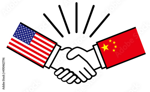 アメリカと中国、国旗がついた手が握手　国家間の戦争紛争　同盟、和解、合意のイメージイラスト