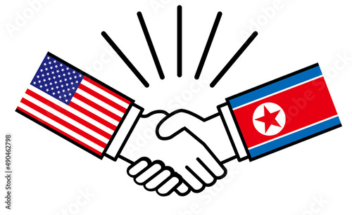 アメリカと北朝鮮、国旗がついた手が握手　国家間の戦争紛争　同盟、和解、合意のイメージイラスト