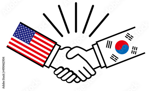 アメリカと韓国、国旗がついた手が握手　国家間の戦争紛争　同盟、和解、合意のイメージイラスト