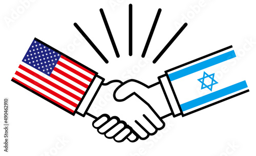アメリカとイスラエル、国旗がついた手が握手　国家間の戦争紛争　同盟、和解、合意のイメージイラスト