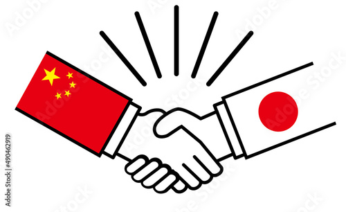 中国と日本、国旗がついた手が握手　国家間の戦争紛争　同盟、和解、合意のイメージイラスト