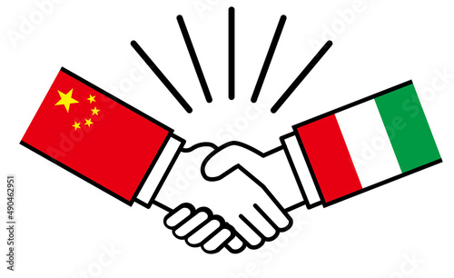 中国とイタリア、国旗がついた手が握手　国家間の戦争紛争　同盟、和解、合意のイメージイラスト