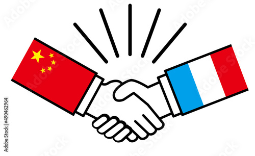 中国とフランス、国旗がついた手が握手　国家間の戦争紛争　同盟、和解、合意のイメージイラスト