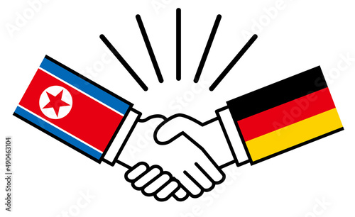 北朝鮮とドイツ、国旗がついた手が握手　国家間の戦争紛争　同盟、和解、合意のイメージイラスト